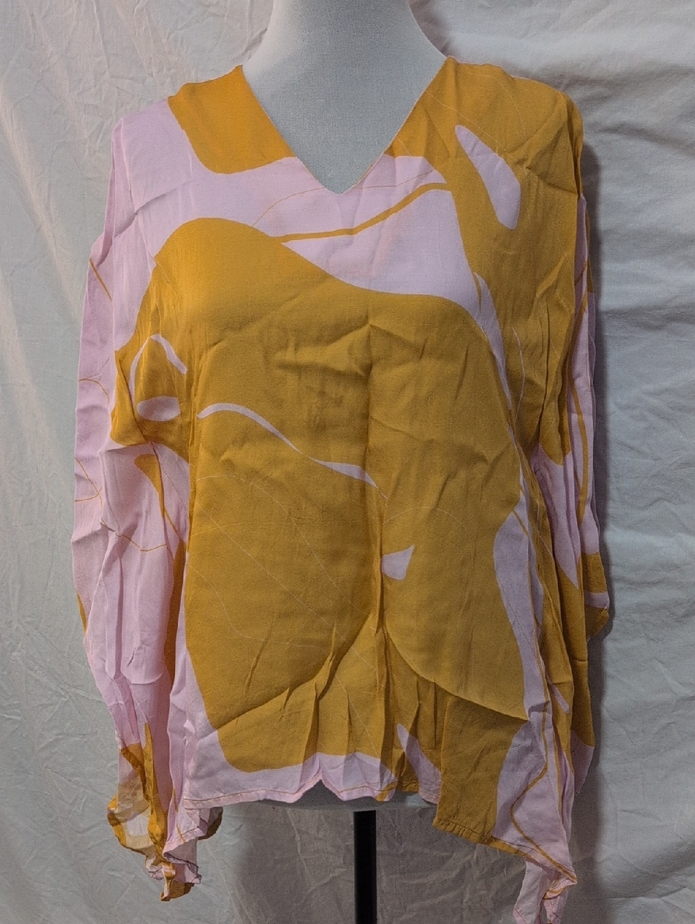 V-Neck Abstract Print Tunic in Pink and Mustard